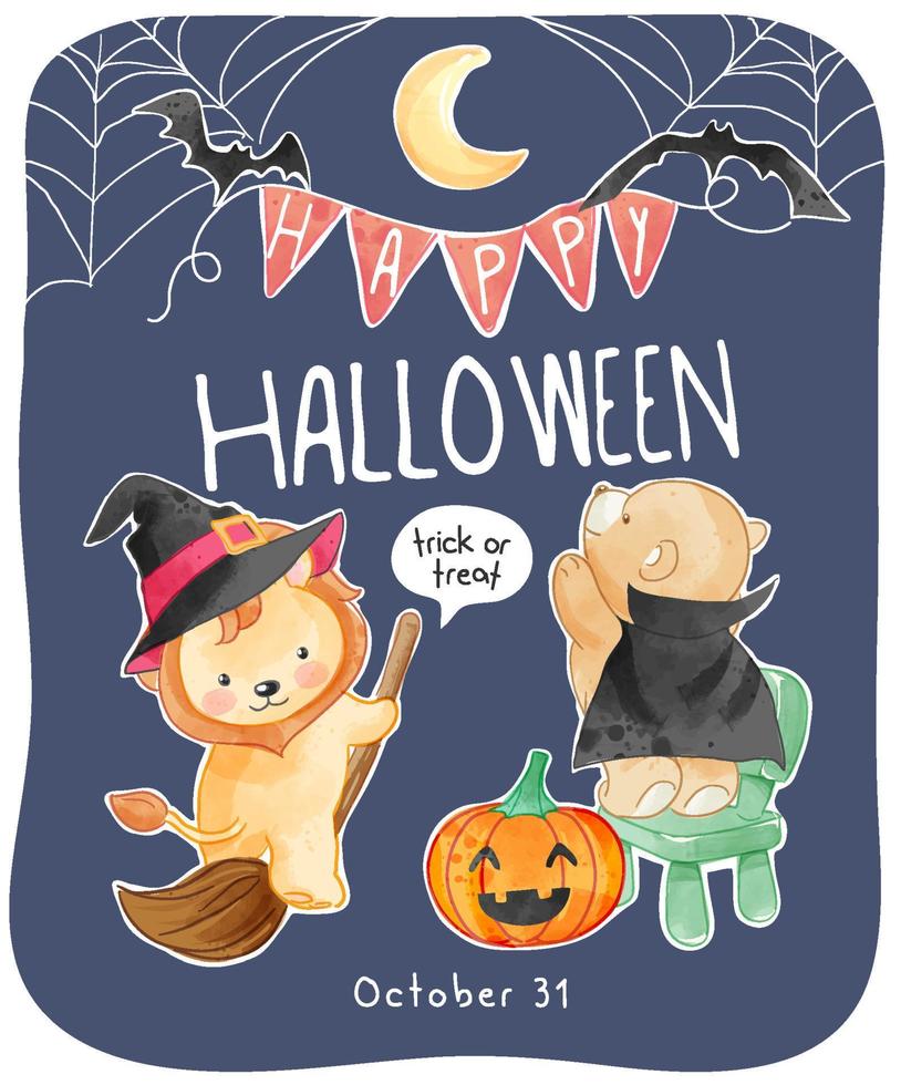 linda plantilla de tarjeta de halloween con linda ilustración de animales vector