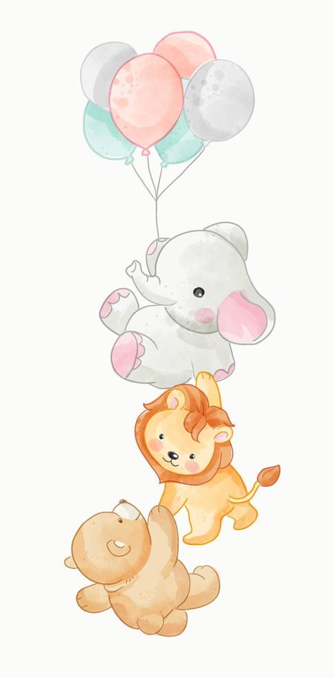 cute wild animals friends hanging on balloons cartoon illustration vector