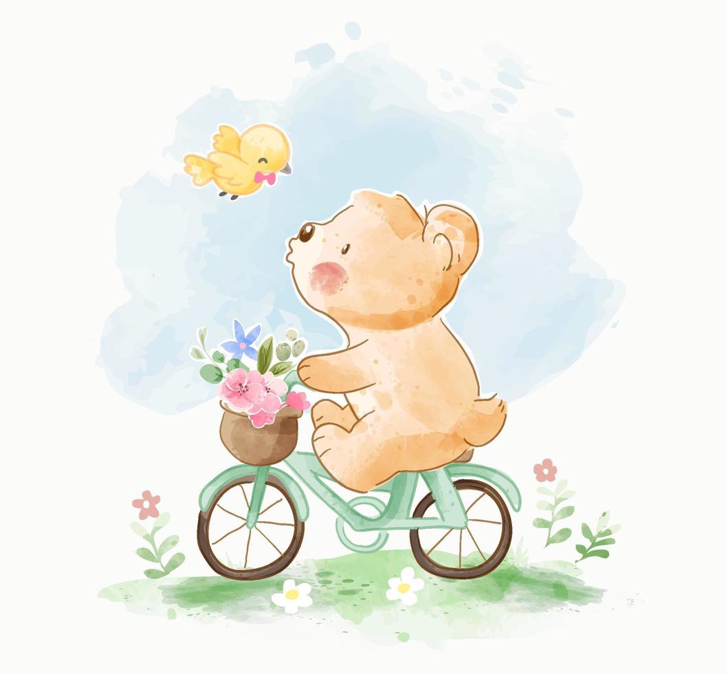 little bear riding bicycle in the garden illustration vector