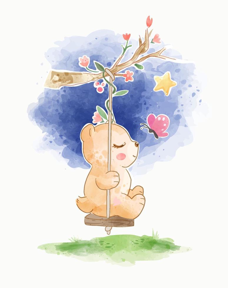 cute bear on swing and little butterfly illustration vector