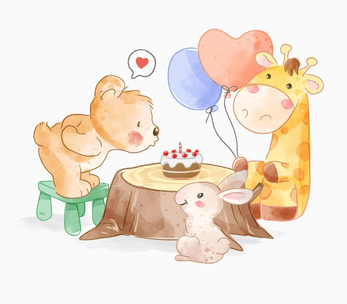 cute animal friends with birthday cake on tree stump illustration vector