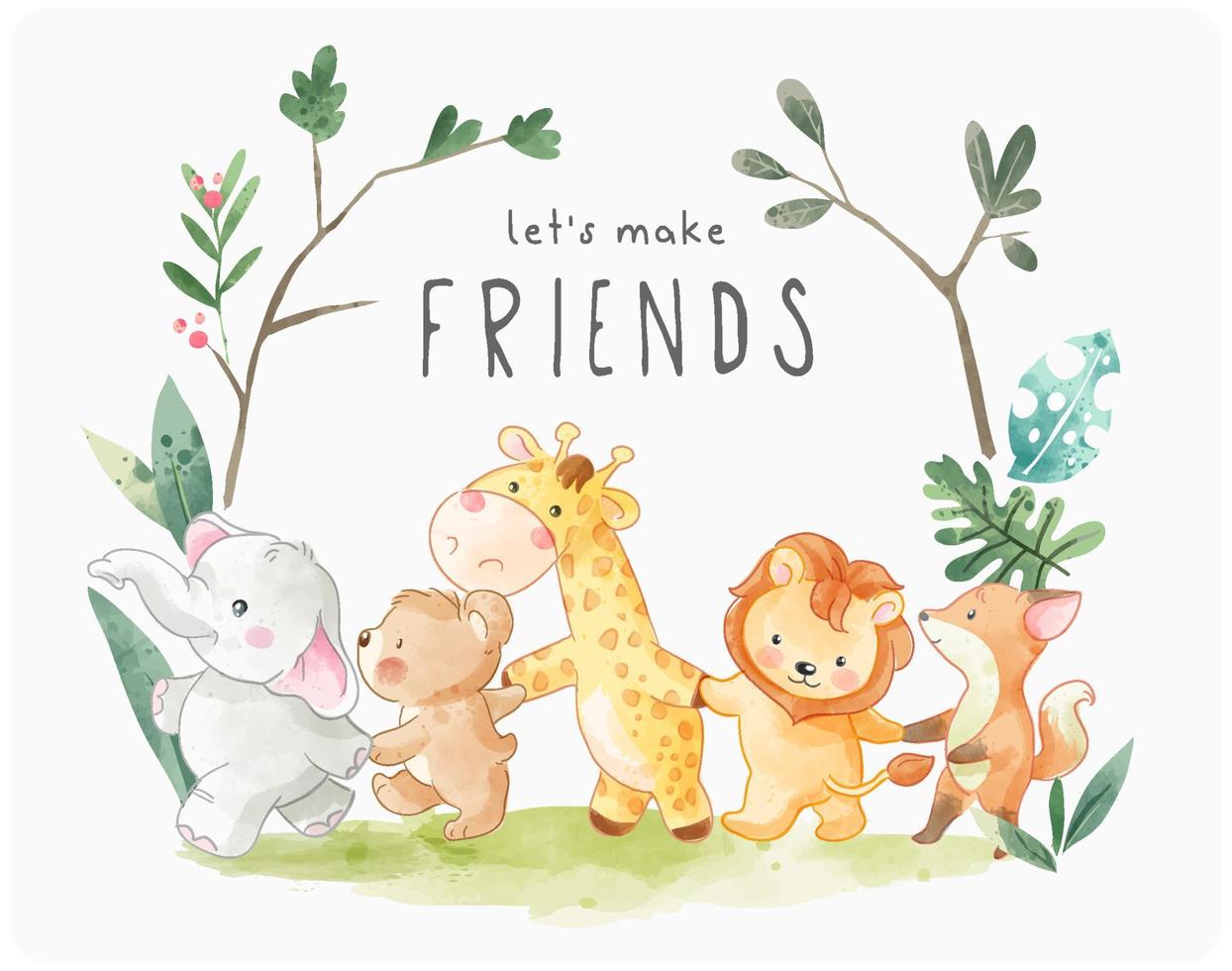 let's make friends slogan with cute cartoon animals holding hand  illustration 7933844 Vector Art at Vecteezy