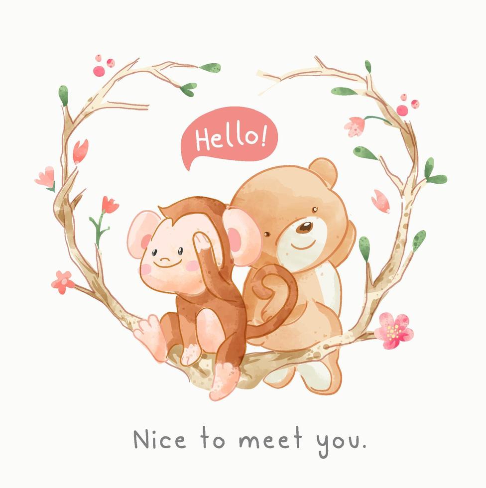 cute bear and monkey sitting on tree branch illustration vector