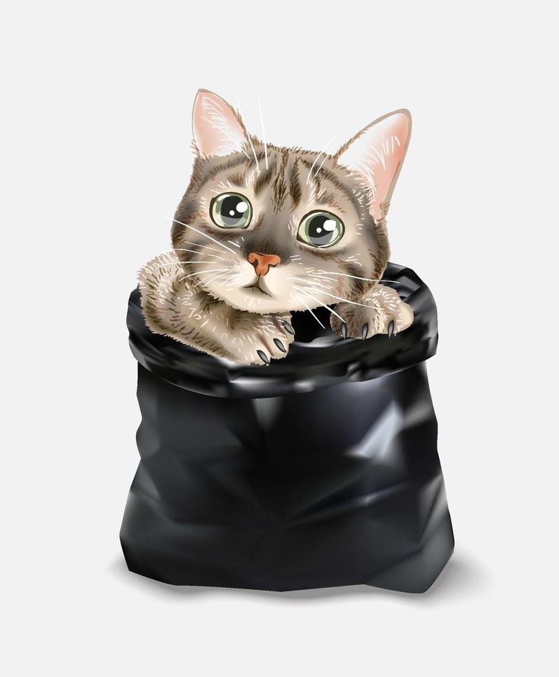 lindo gato en la ilustración de bolsa de basura negra vector