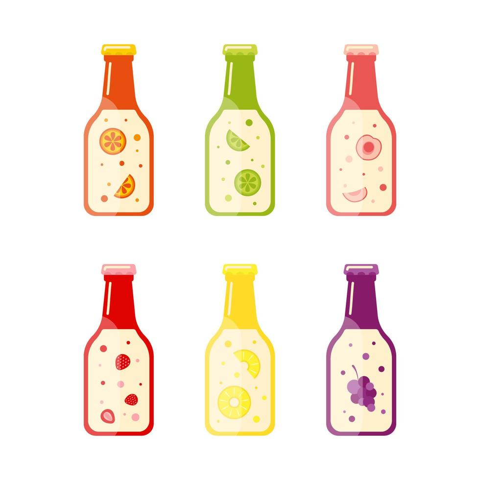 vector set of fruit and berry drinks in glass bottles