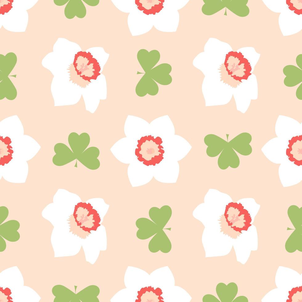 White daffodils seamless pattern on a beige background with clover leaves. Vector illustration in a flat style.