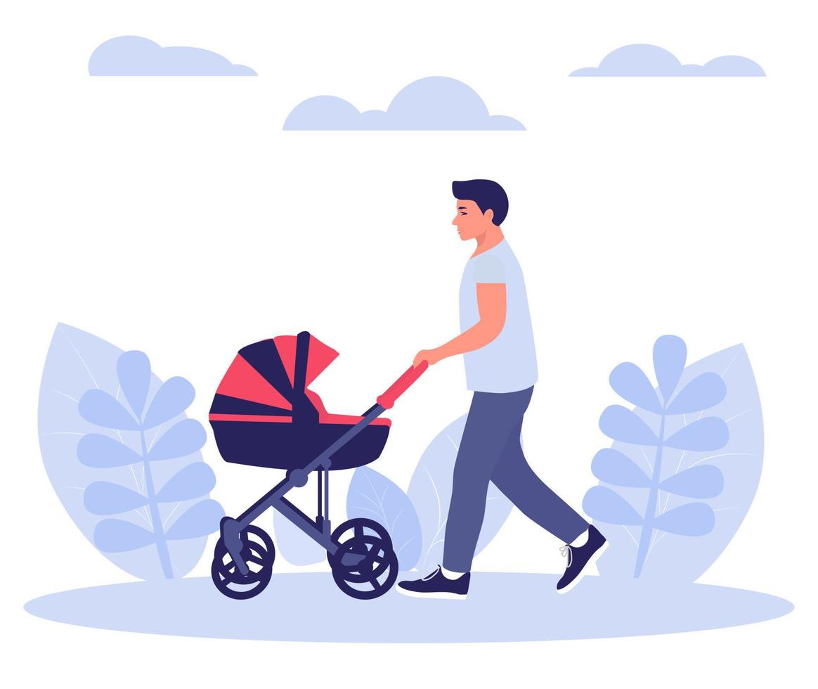 Happy young dad walks with a baby stroller. Concept for Father's Day. Vector illustration in a flat style.