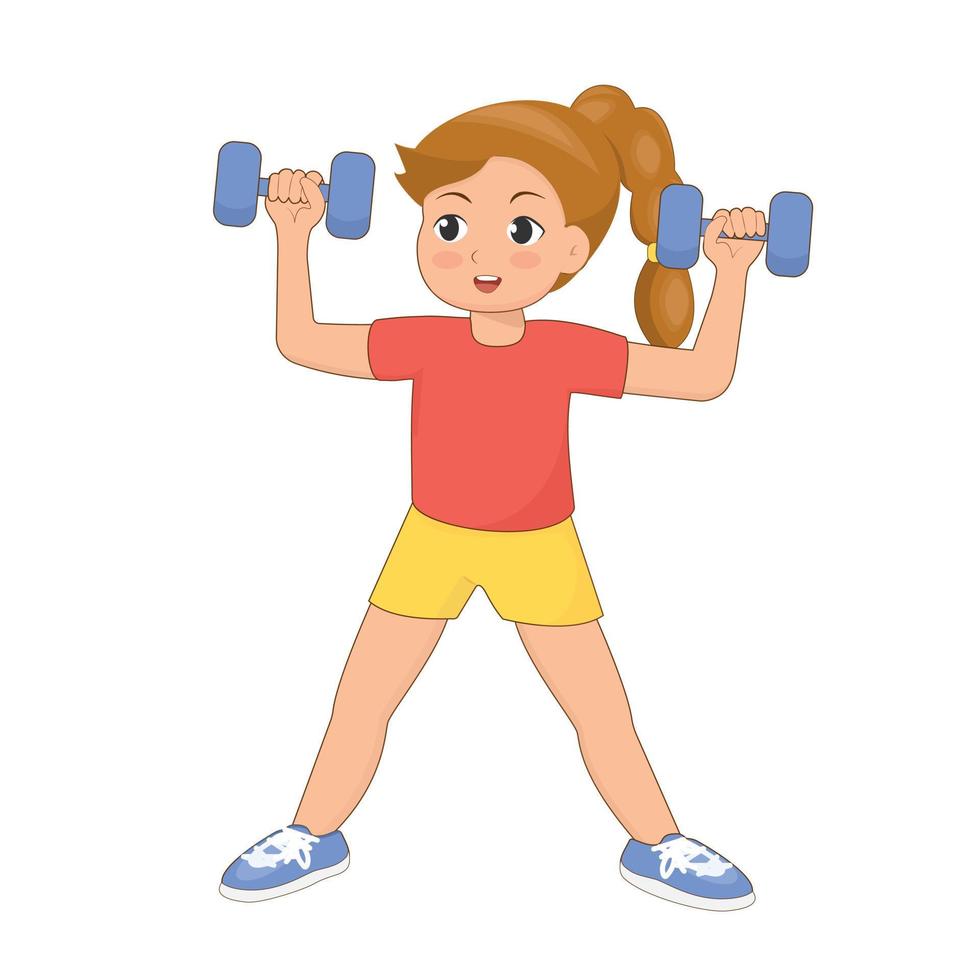 Girl training with dumbbells . Isolated flat cartoon illustration vector