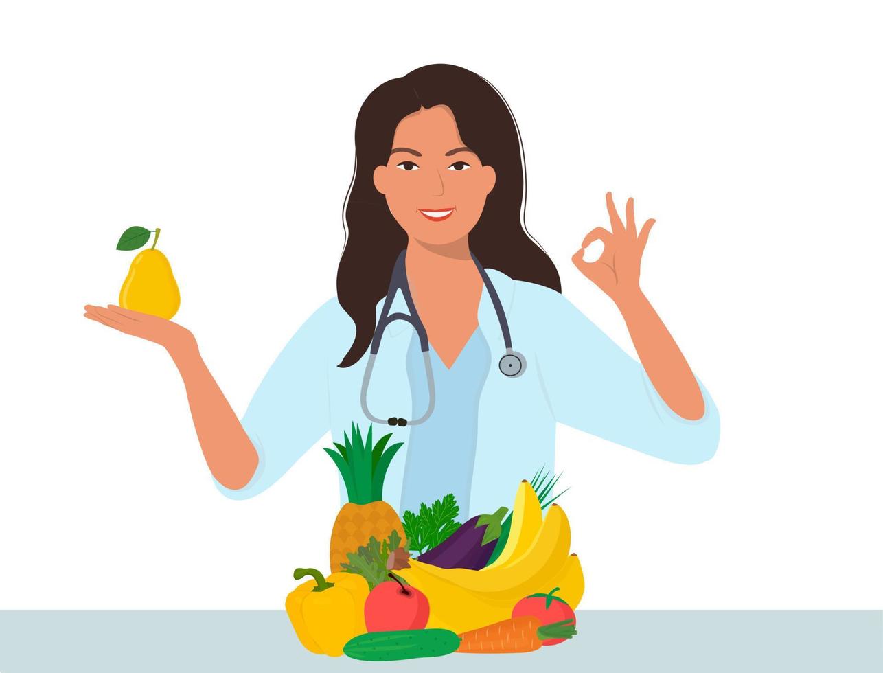 Nutrition therapy with healthy food and physical activity. Vector illustration in cartoon style