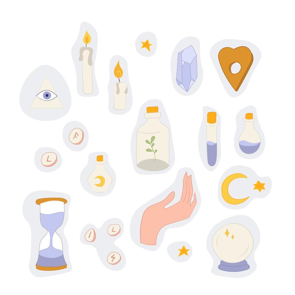 Magic stickers with candles, hands, bottles and balls vector
