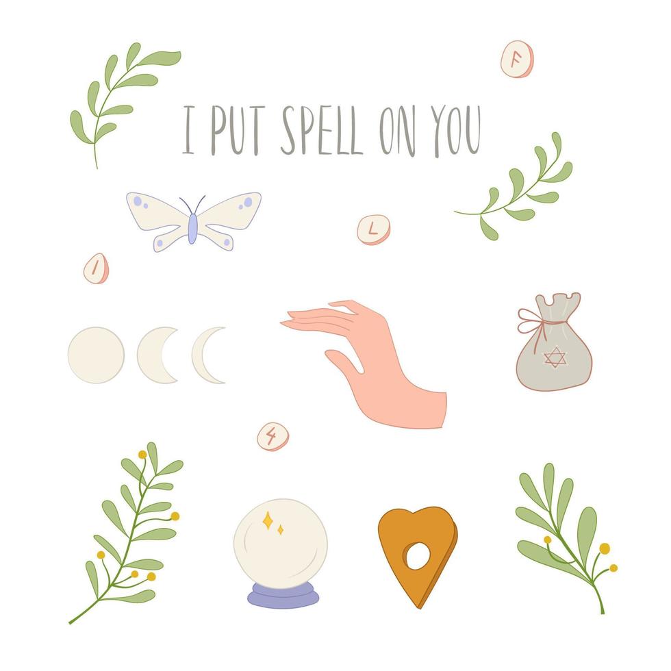 Witch set with hands, herbs, moth and ball vector