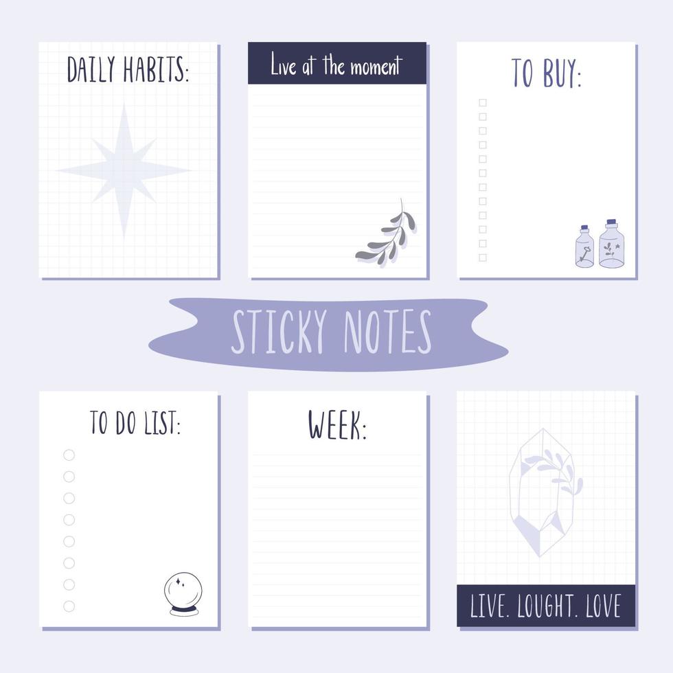 Sticky notes with magic herbs, bottles and stars vector