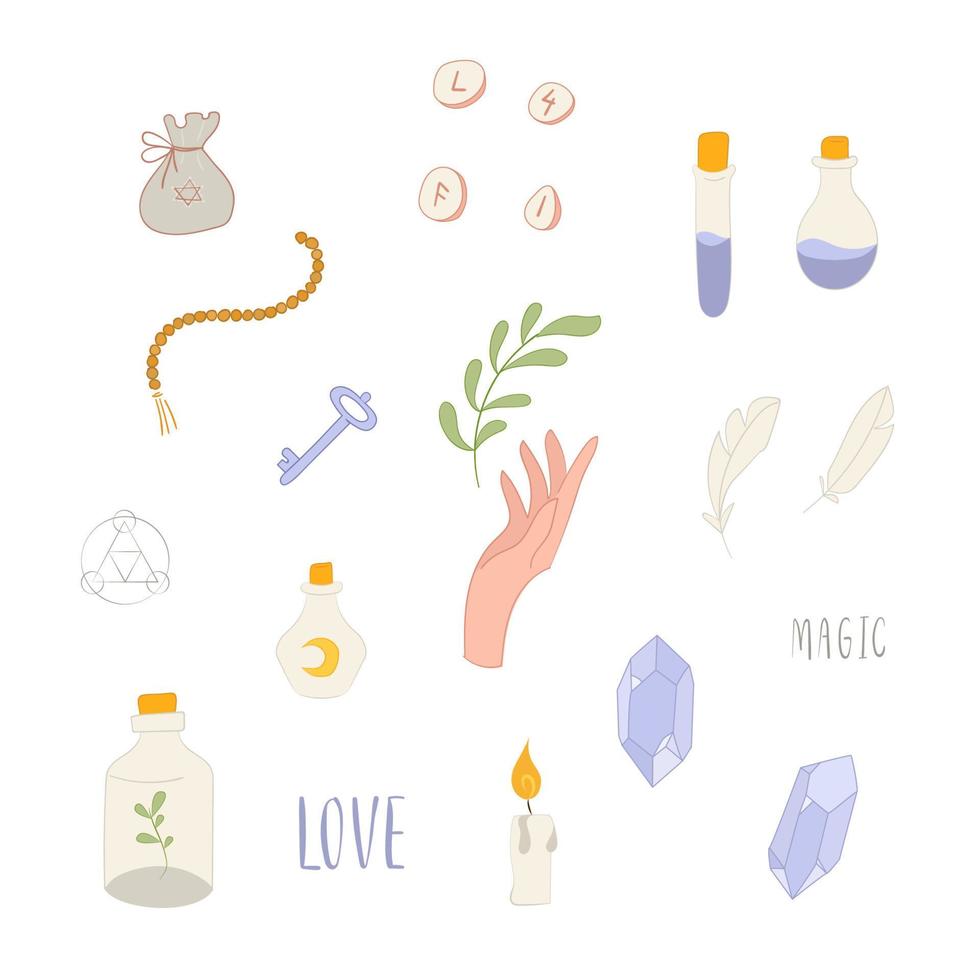 Boho Witch and Magic Collection with hand, crystal and symbols vector