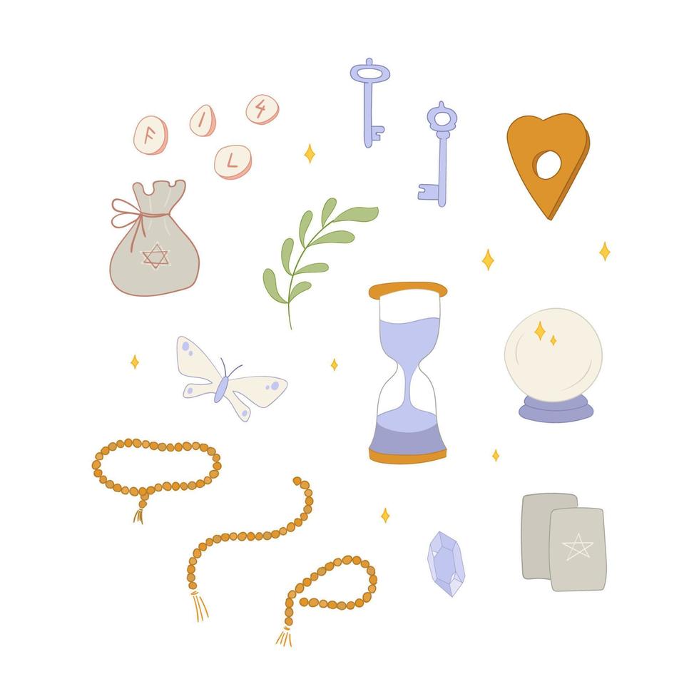 Wiccan set with key, bottle, crystal and feather vector