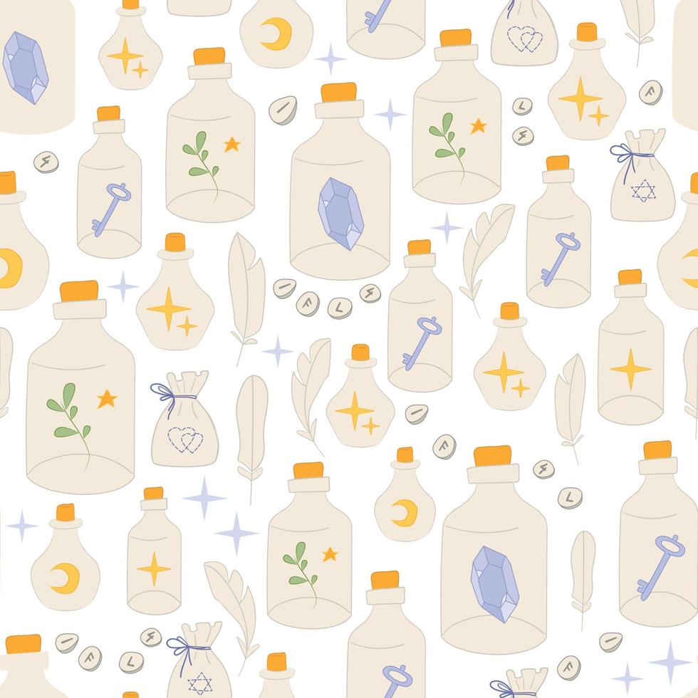 Boho bottle seamless pattern with tubes and crystals vector