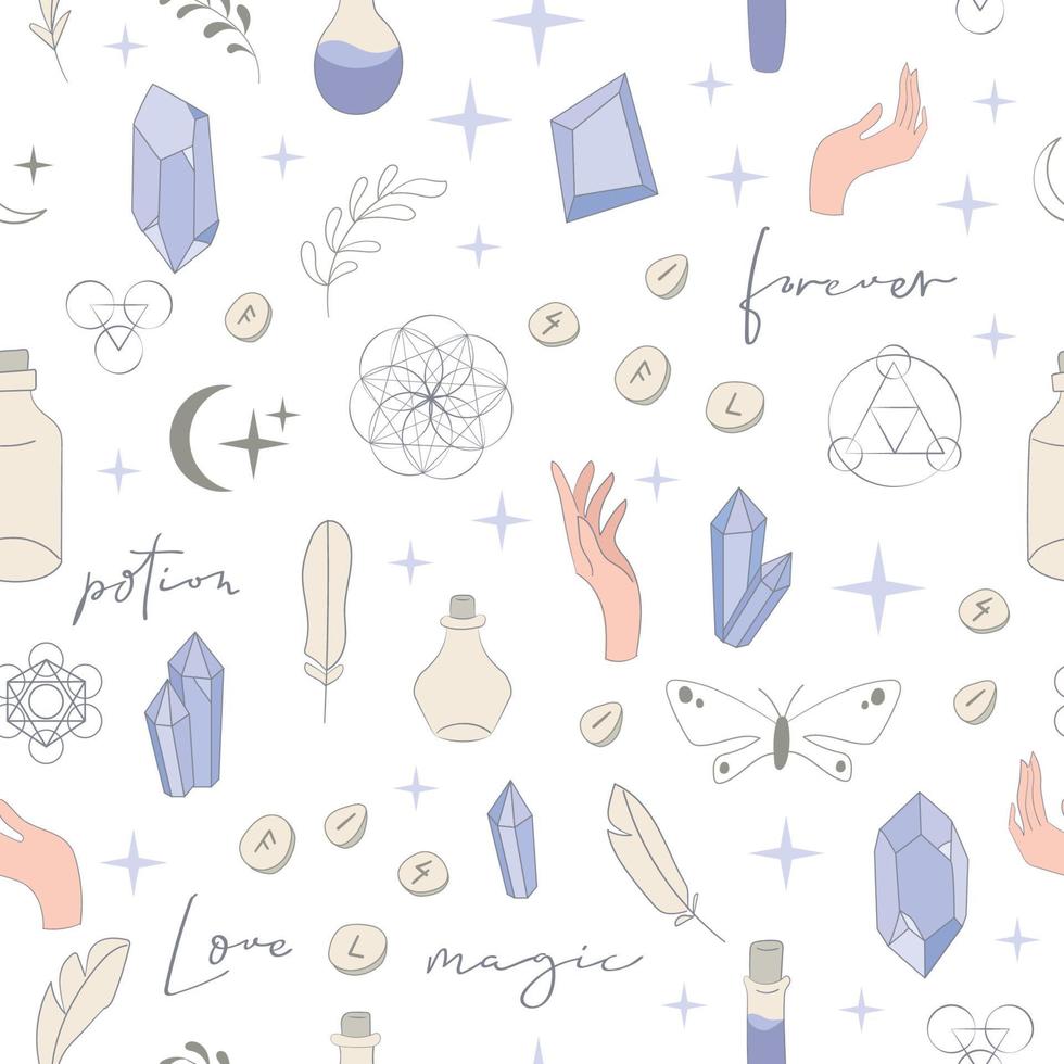 Boho Witch and Magic pattern with hand, crystal and symbols vector
