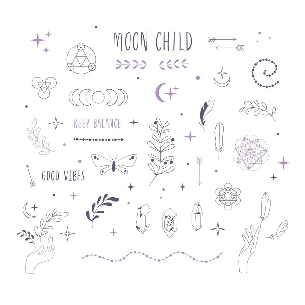 Boho Witch and Magic Collection with hand, crystal and symbols vector