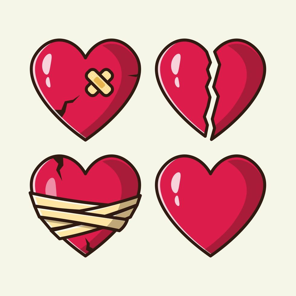 conjunto de vectores de dibujos animados de corazones rojos ilustración de diseño plano