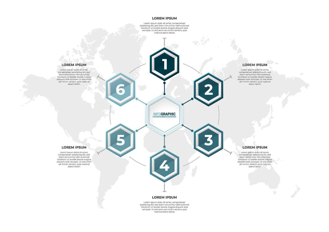 Modern infographic presentation in 6 steps with world map. Creative hexagonal infographic concept. vector