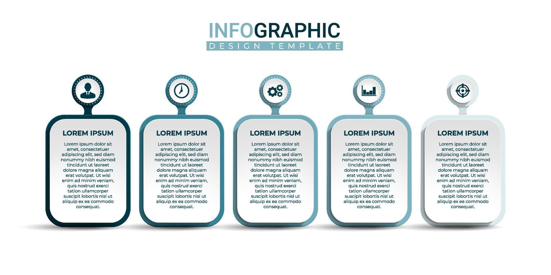 Business presentation graphic template with icons. Three-dimensional infographic label in 5 options vector