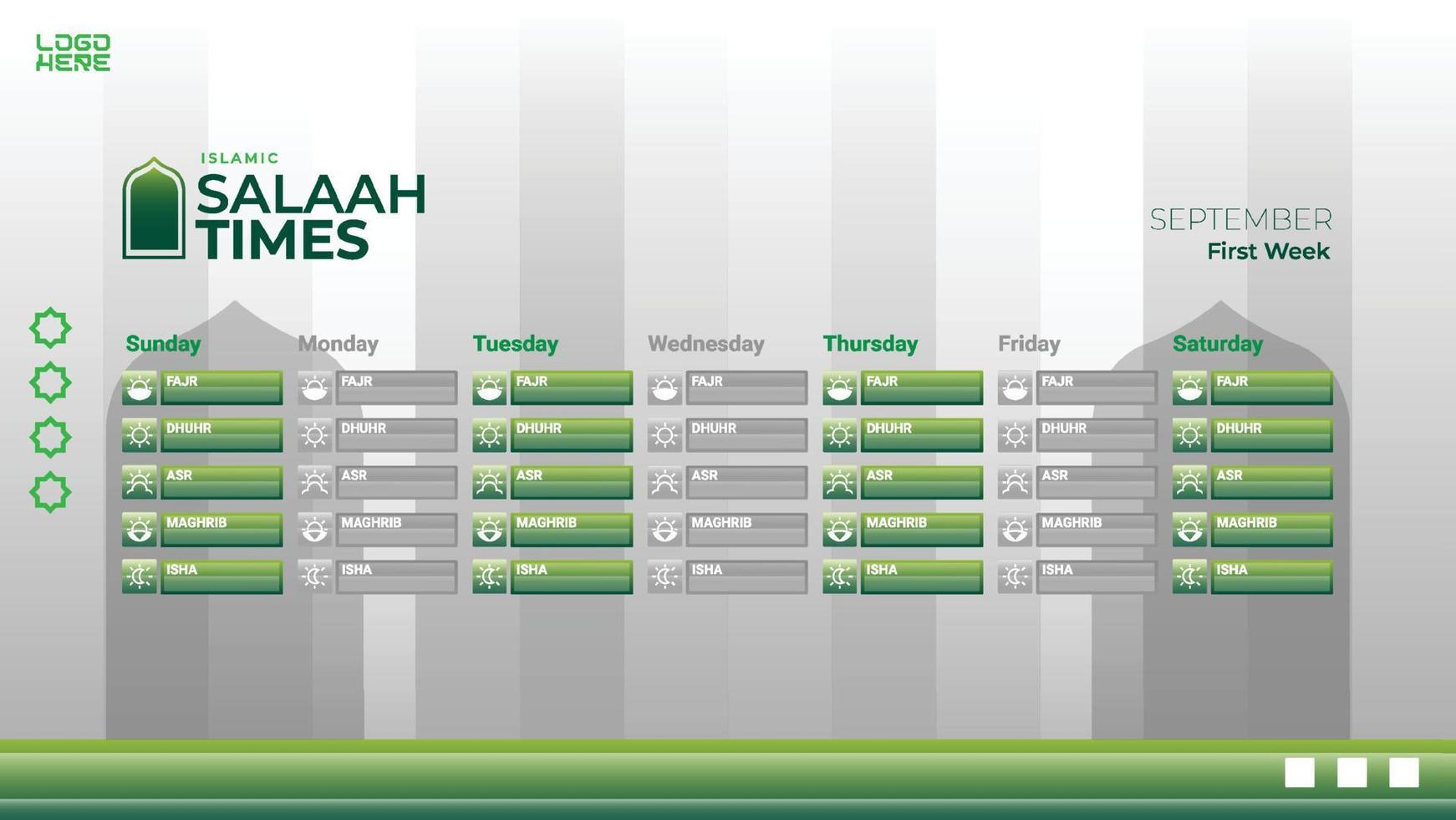 Islamic prayer time schedule design in one week vector