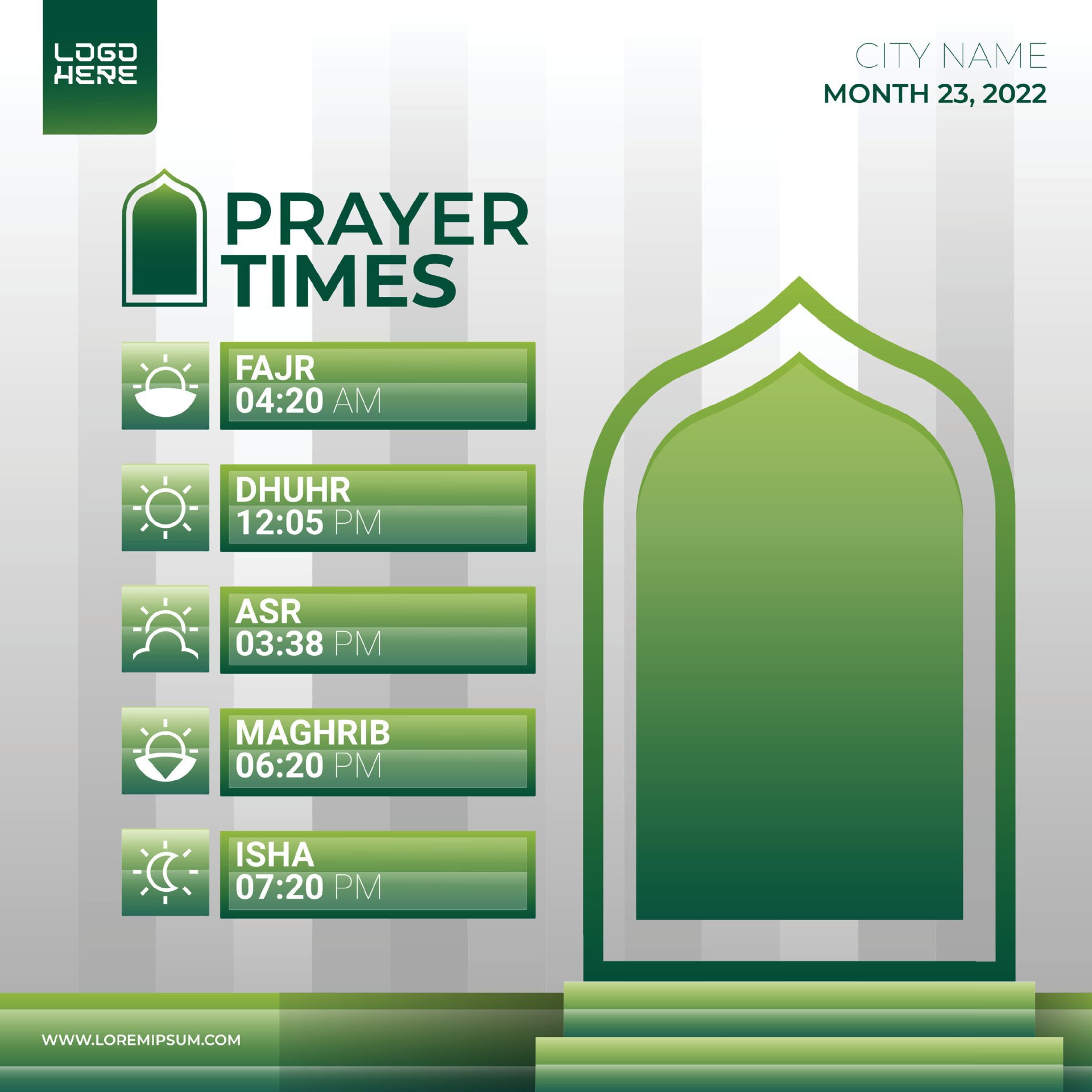 Islamic prayer time schedule design for social media RGB 7934090 Vector
