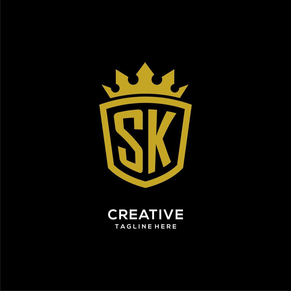 logotipo de sk inicial escudo estilo corona, diseño de logotipo de monograma elegante de lujo vector