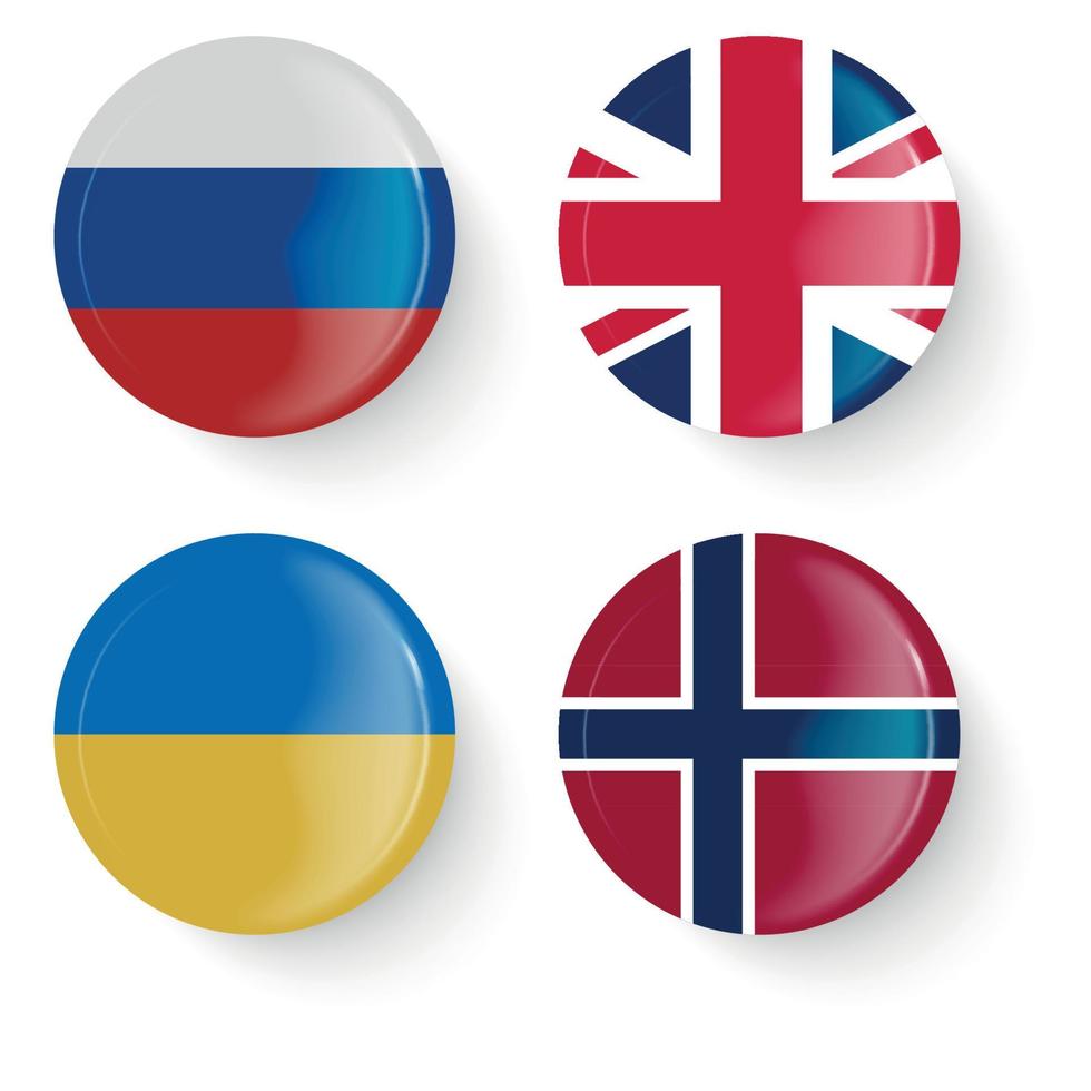 Round flags of Russia, Ukraine, Norway, Britain. Pin buttons. vector