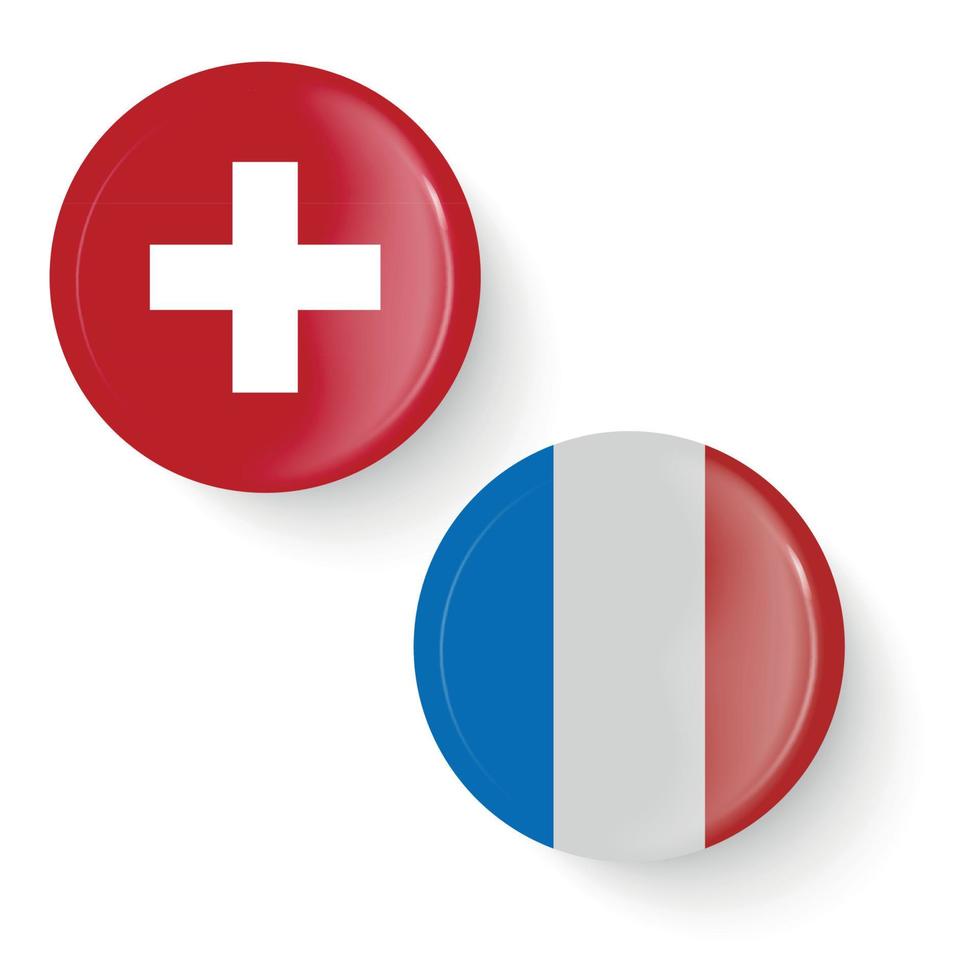 banderas redondas de suiza, francia. botones de alfileres. vector