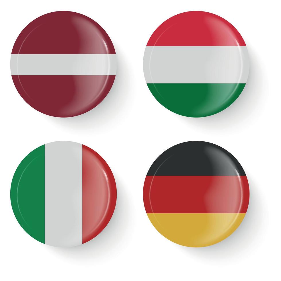 banderas redondas de letonia, hungría, italia, alemania. botones de alfileres. vector