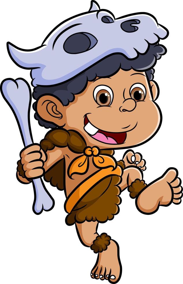 The happy ancient boy is walking and holding the bone vector