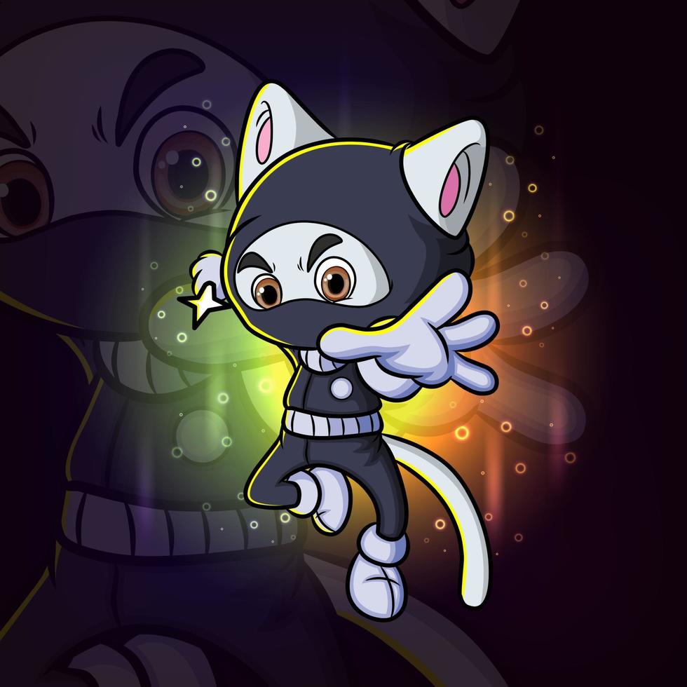 el ataque del gato ninja con el logotipo de diseño de la mascota shuriken esport vector