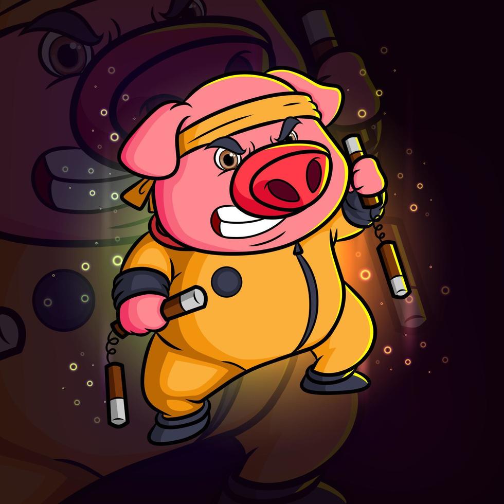 The pig with the yellow suit and holding the double stick esport mascot design logo vector