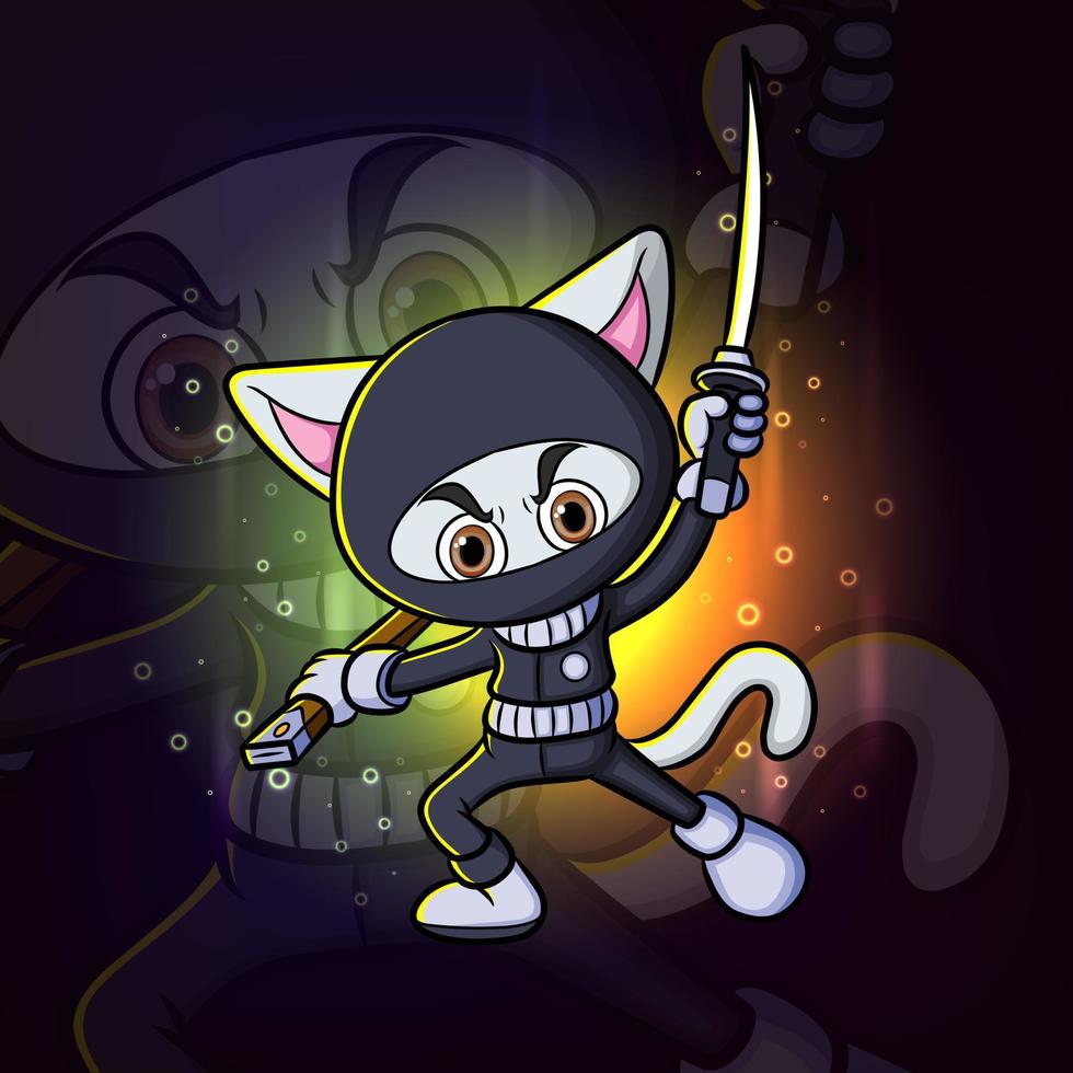 el gato ninja con el logotipo de diseño de la mascota del esport de la espada vector