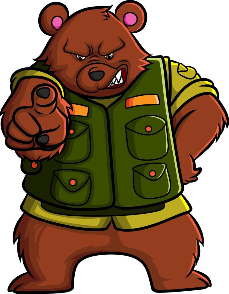 The angry army bear is growling and pointing vector