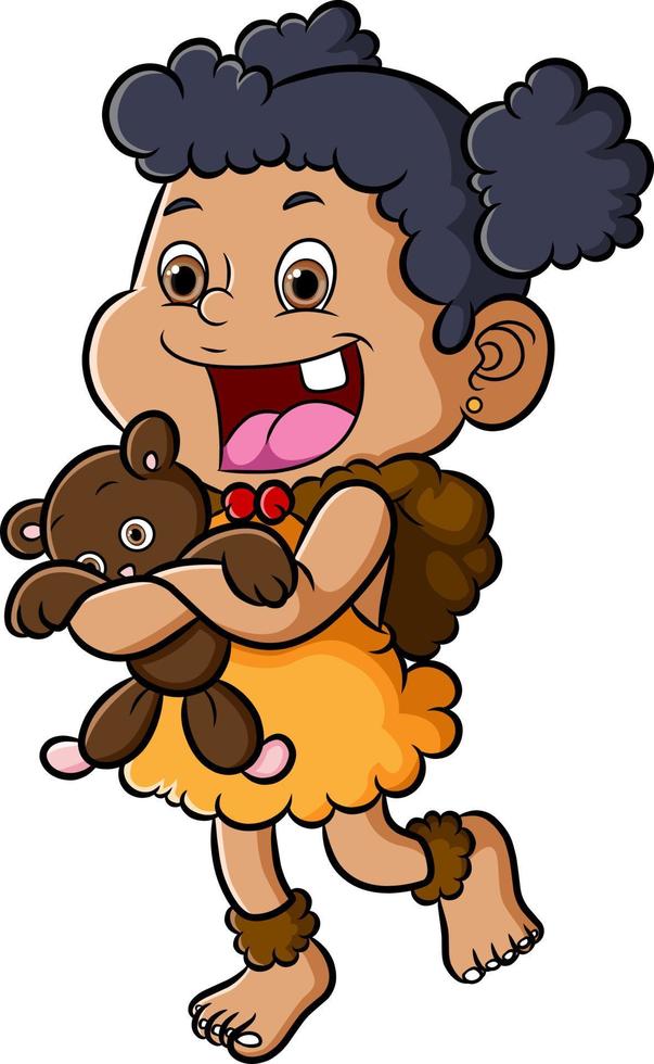 The ancient human girl is hugging the lovely doll vector