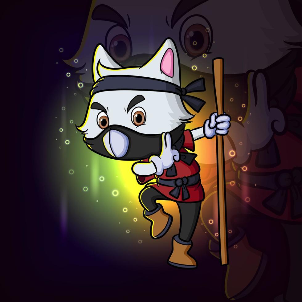 The ninja cat attack with stick esport mascot design logo vector