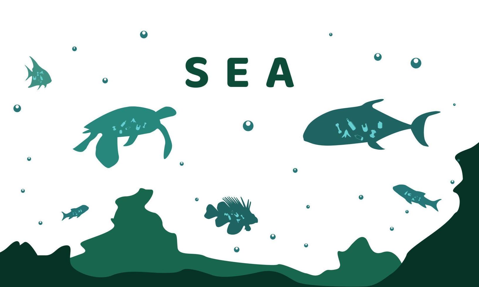 World ocean day, environmental illustration of marine animals that consume garbage vector