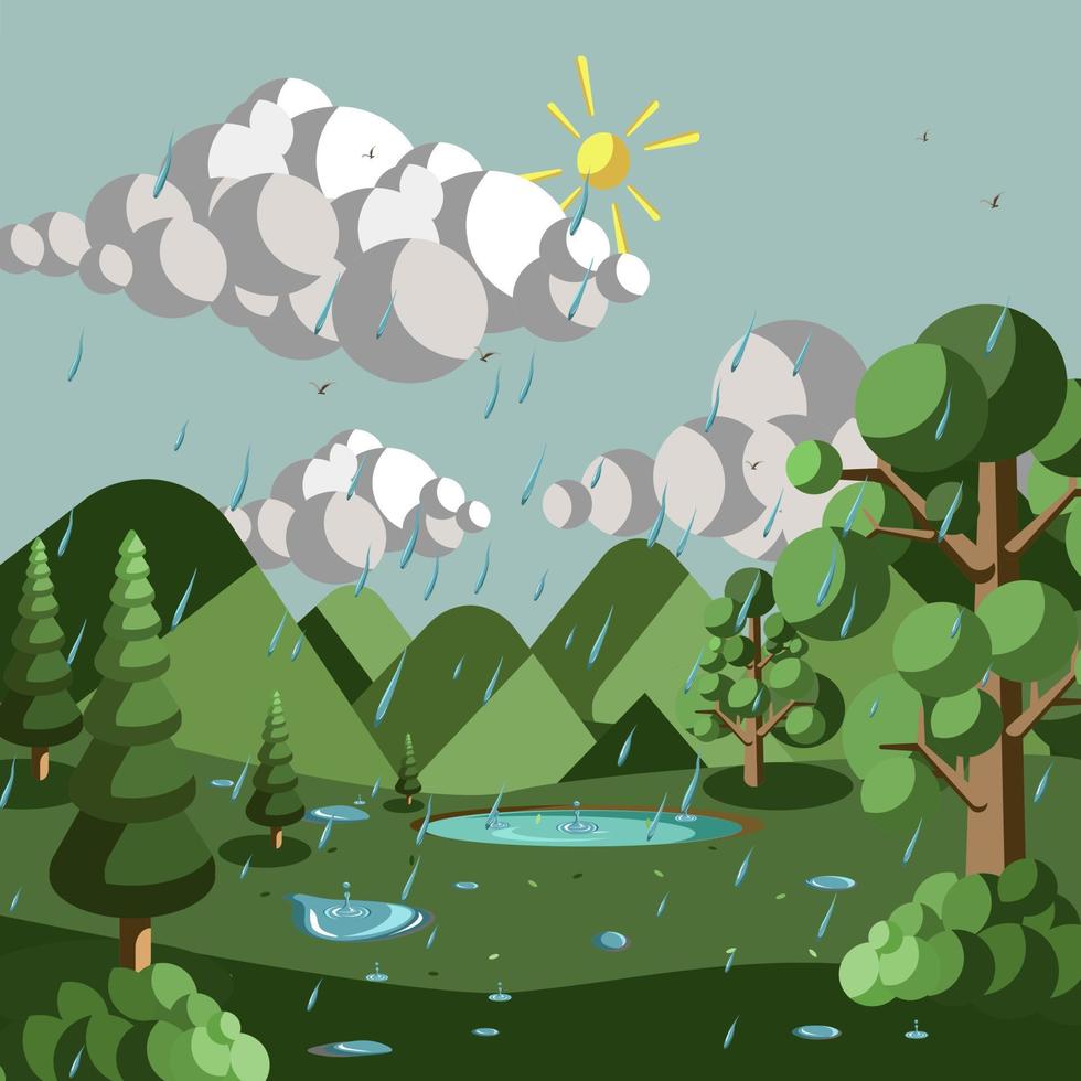 ilustración vectorial de la temporada de lluvias, ilustración de paisaje natural vector