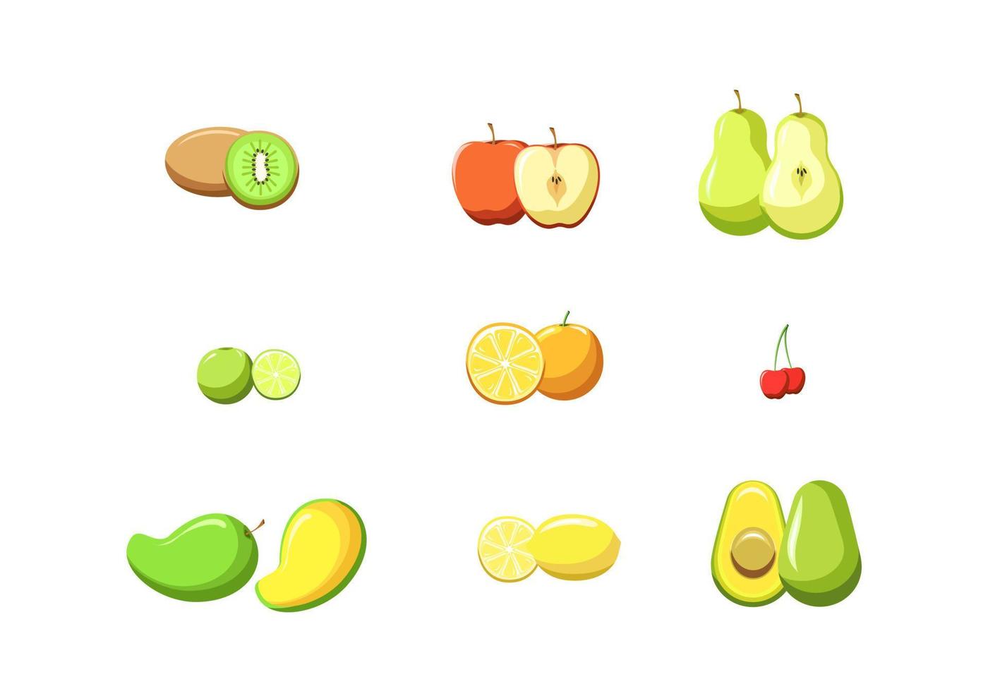 ilustración de frutas, naranjas, kiwi, aguacate, limón, naranja, cereza, mango, pera, manzana vector