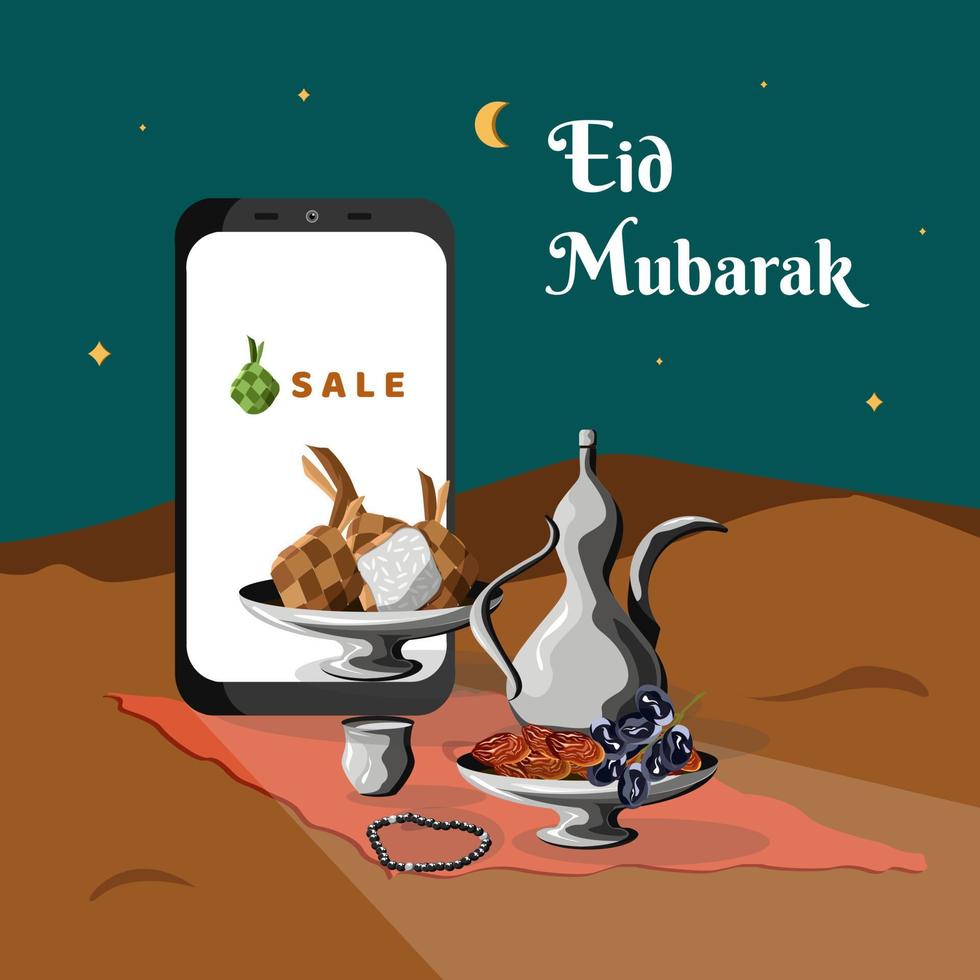 eid mubarak vector, ilustración y comida con luces islámicas para medios publicitarios y proyectos de diseño vector