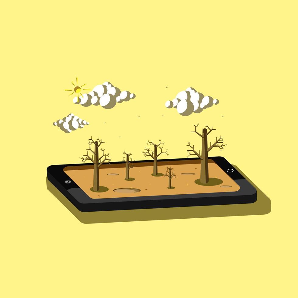 Ilustración 3d de teléfono celular y paisaje natural de estación seca vector