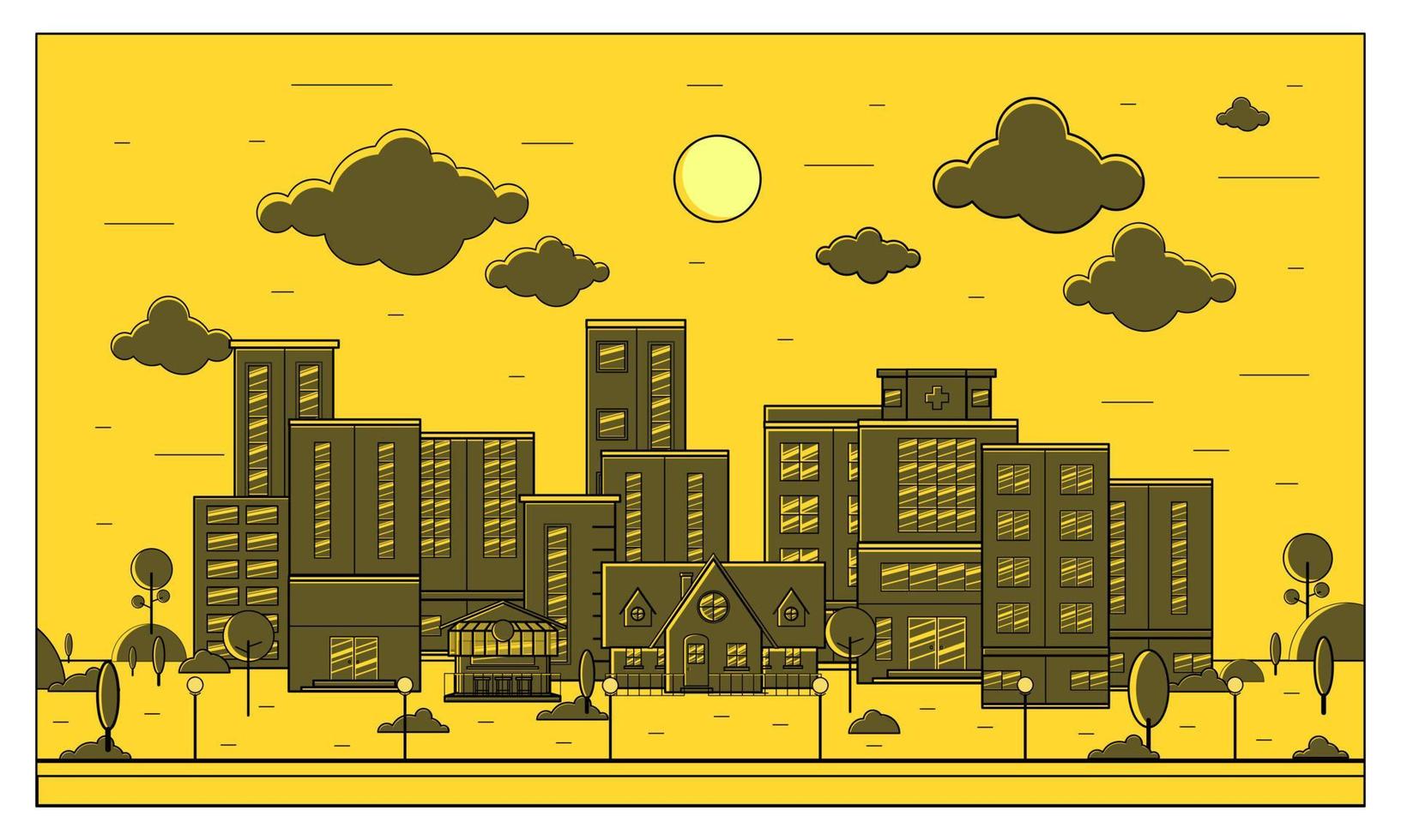 ilustración vectorial del fondo de la ciudad por la tarde vector