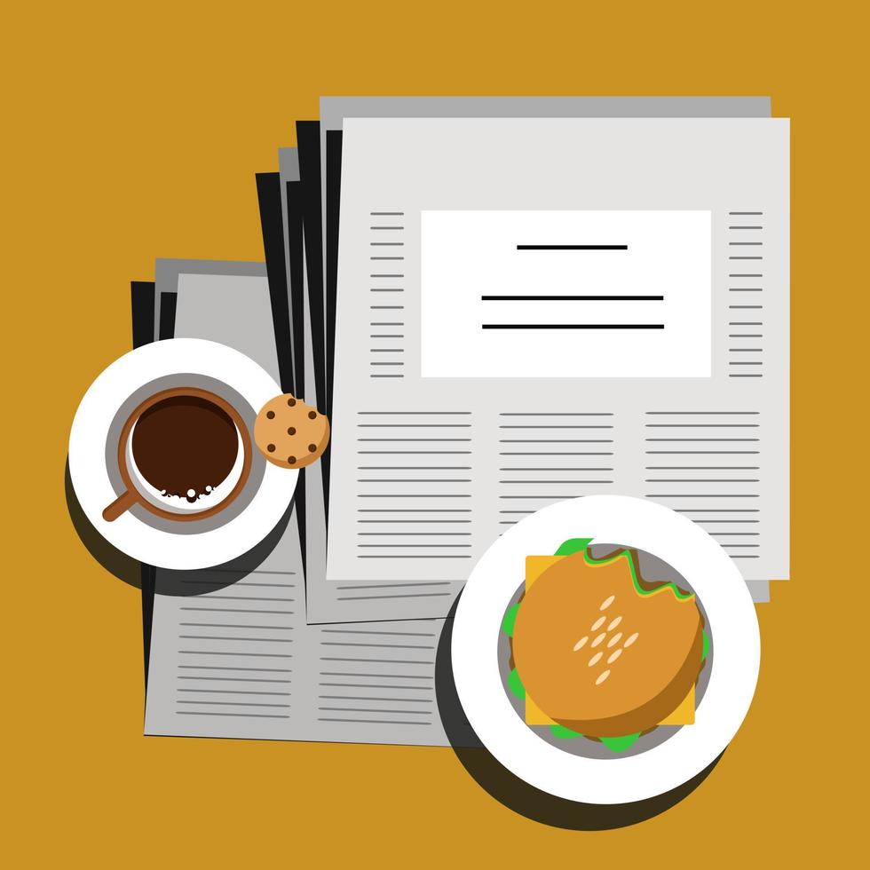 Breakfast, food, drink and newspaper vector illustration