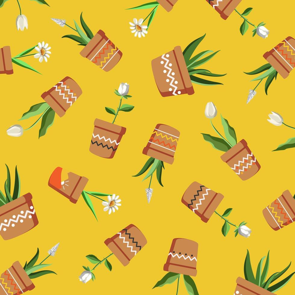 nature and bohemian theme potted flower and ornamental plant pattern illustration vector