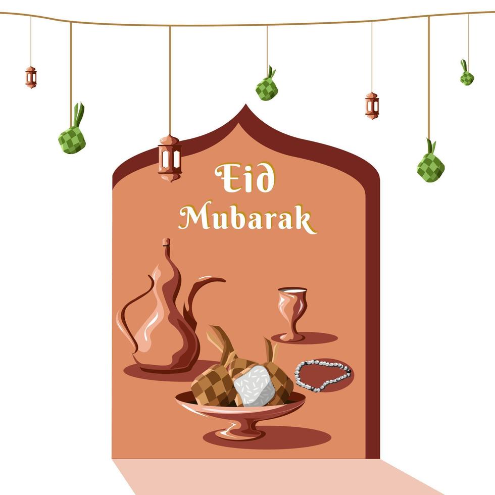 Eid Mubarak vector, illustration, and food with Islamic lights for advertising media and design projects vector
