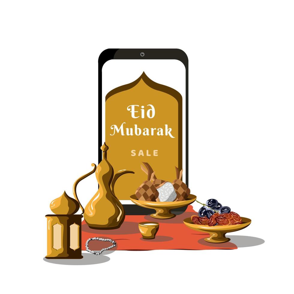 eid mubarak vector, ilustración y comida con luces islámicas para medios publicitarios y proyectos de diseño vector