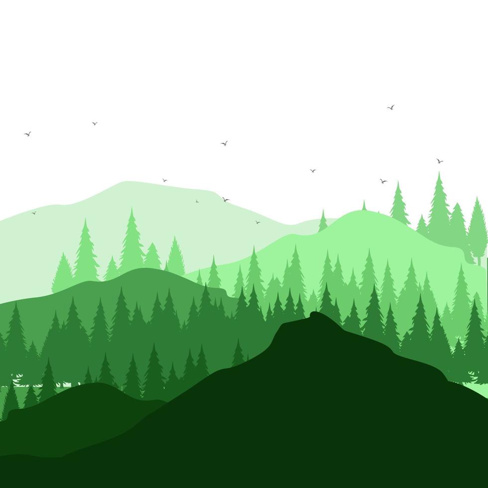 silueta, plano de fondo, ilustración, de, verde, bosque tropical, y, montañas vector