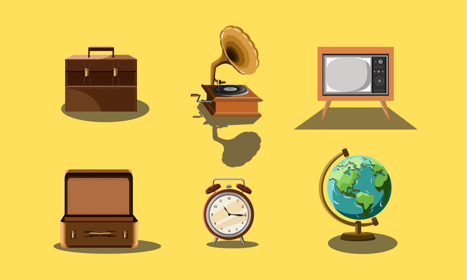 conjunto vectorial de objetos clásicos, televisión, globo, bolso, maleta, gramófono vector
