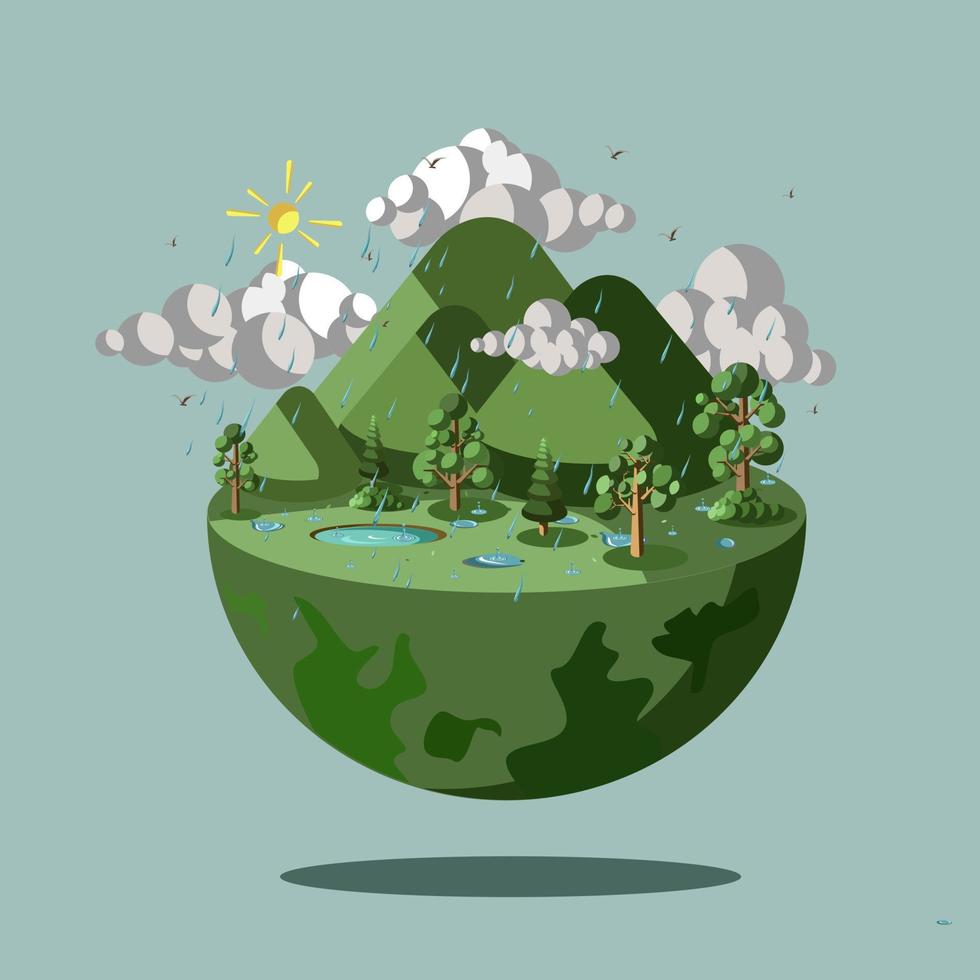 la hermosa tierra verde, ilustración de la tierra con tierra lluviosa y paisaje marino vector